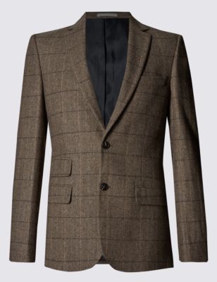Slim Fit Large Check 2 Button Jacket with Wool